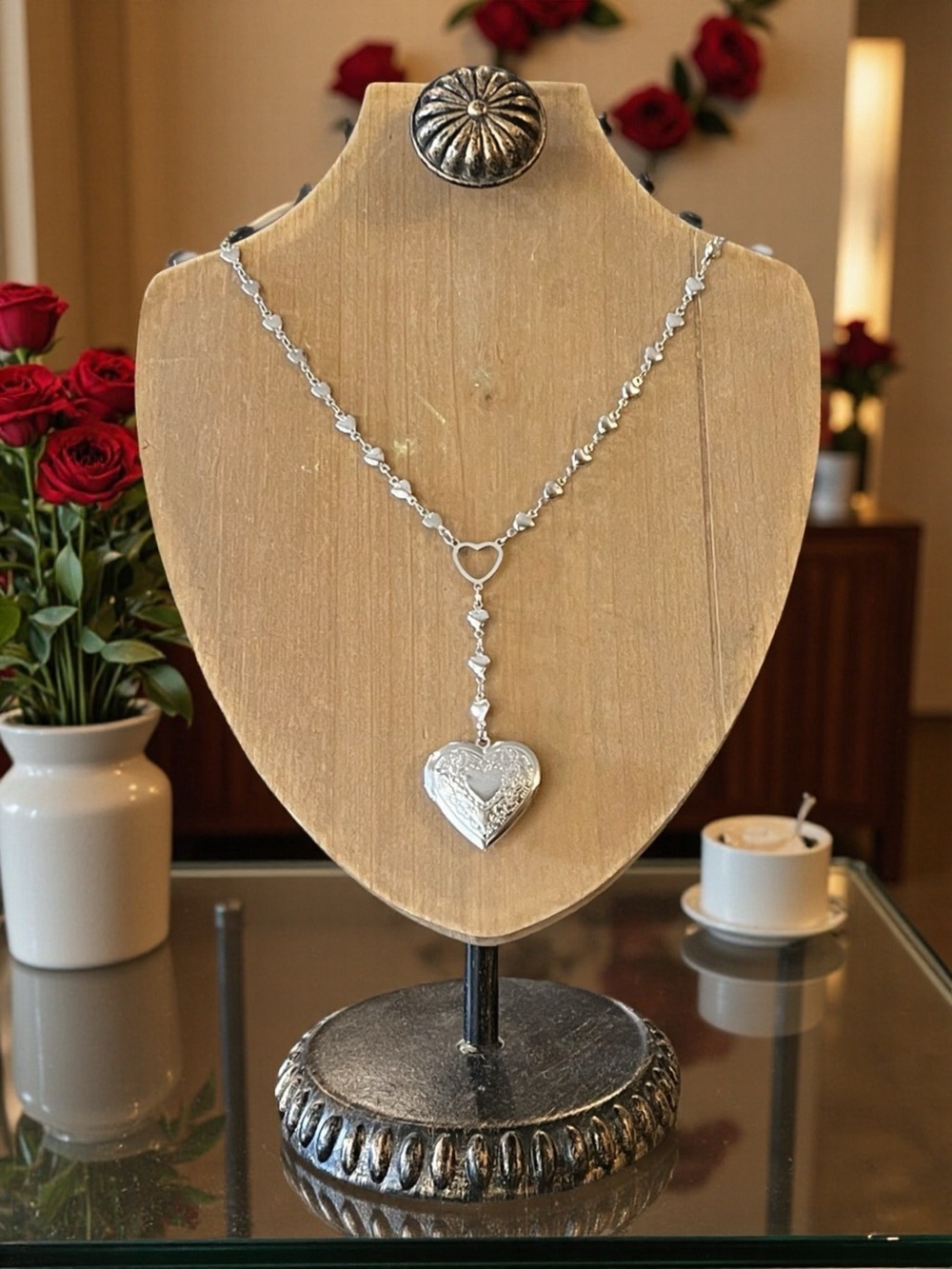 Heart Chain and Heart Locket Y-Drop Necklace - Women's Jewelry